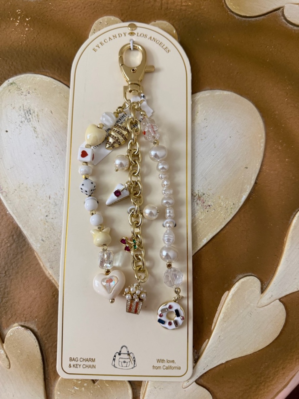 Eyecandy Los Angeles Bag Charm with Popcorn, Cake, Donut, Dice, & Beads